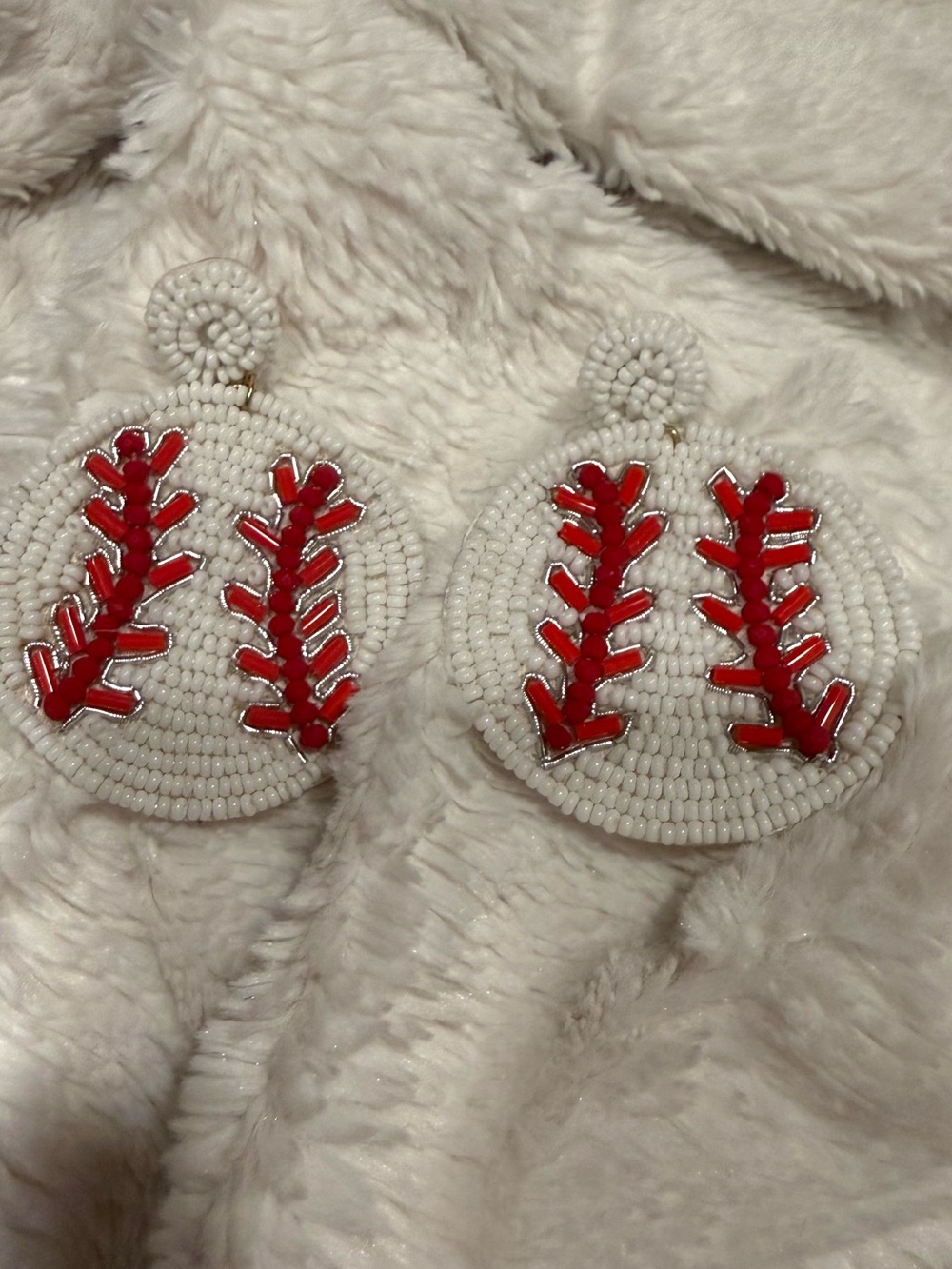 Hand-Beaded Baseball Stitch Earrings - White & Red